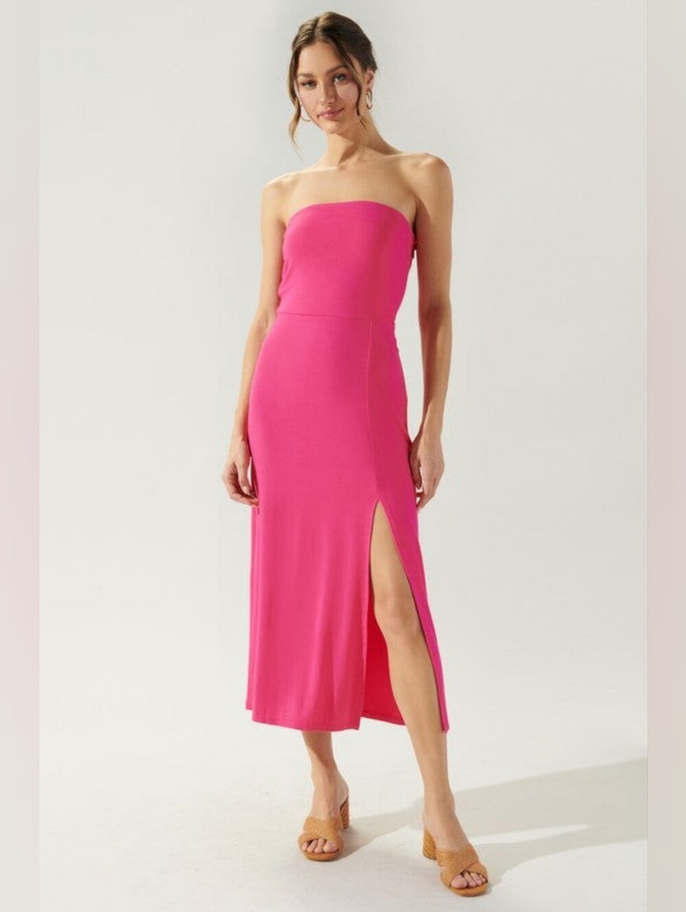 Sugarlips Strapless Bodycon Midi Dress Pink Small Side Slit Rhys Midi